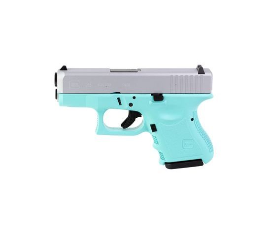 Glock, 26, Semi-automatic, Striker Fired, Sub-Compact, 9MM, 3.43″ Barrel, Cerakote Finish, Robins Egg Blue Frame and Silver Slide, 10 Rd, 2 Magazines